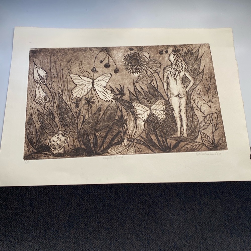 Vintage print “Raizi’s World.  In sepia tones. Signed and dated.